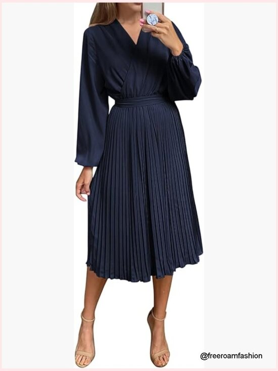 Dresses & Skirts - Midi Dress Long Puff Sleeve Wrap V Neck Flowy Ruffle Pleated Casual